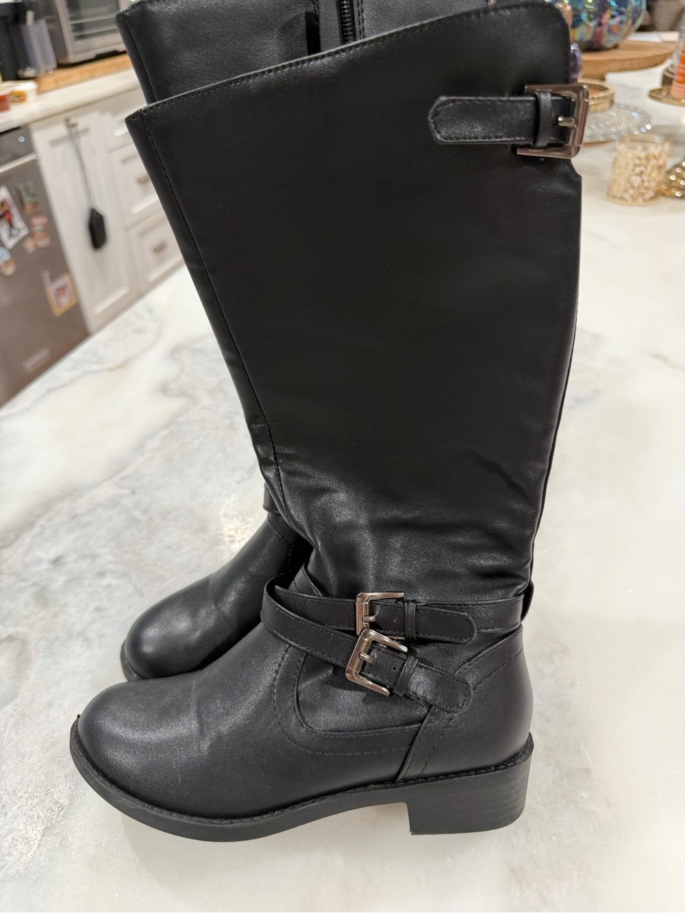 Girls Black Knee-High Buckle Boots - Classic Riding Style